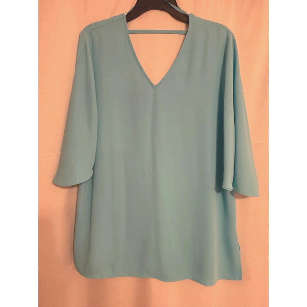 Chicos Size 1 Robin Egg Blue sheer blouse short slit, open elbow length sleeve